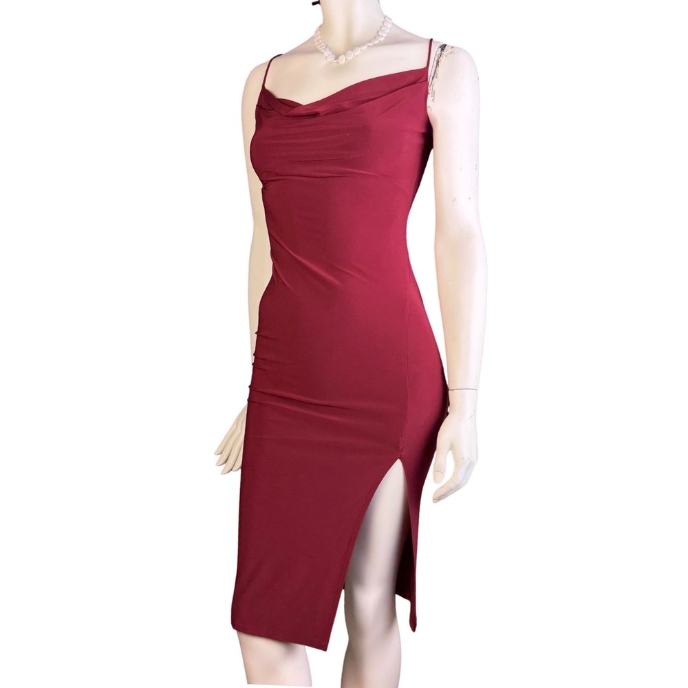 Vintage Y2K Eclipse Midi Dress Cowl Neck Side Slit Burgundy Made In Canada XS